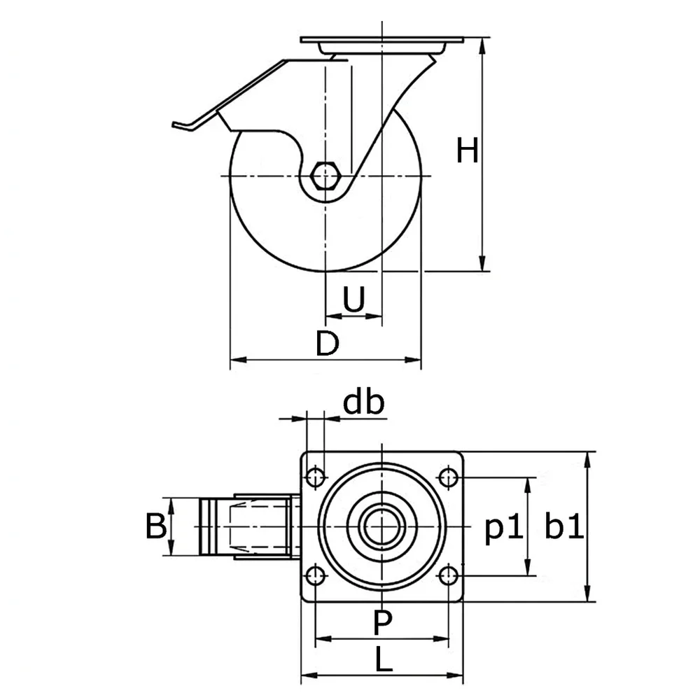 Plano de dimensiones Rueda TPE giratoria con freno - placa superior - negro