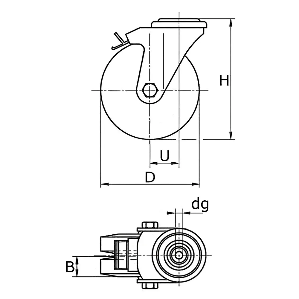 Dibujo técnico: Rueda doble giratoria con freno - Agujero central - negro