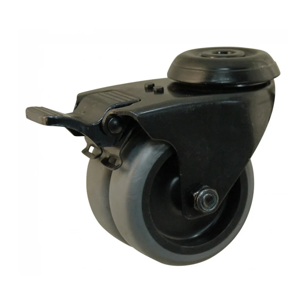 Rueda de aparato giratoria doble con freno PP Ø75 - banda de rodadura Caucho / TPE - Cojinete de deslizamiento - agujero para perno Ø10.3mm - St - Acero imagen 2
