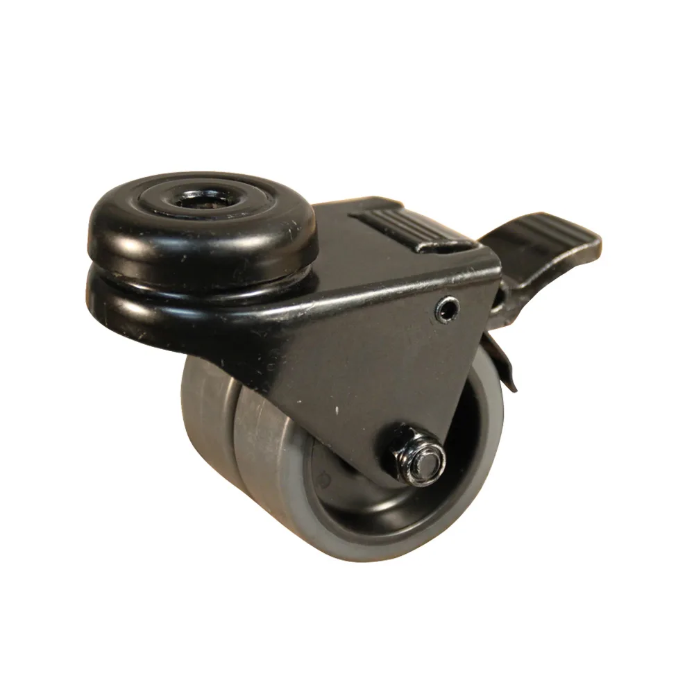 Rueda de aparato giratoria doble con freno PP Ø75 - banda de rodadura Caucho / TPE - Cojinete de deslizamiento - agujero para perno Ø10.3mm - St - Acero