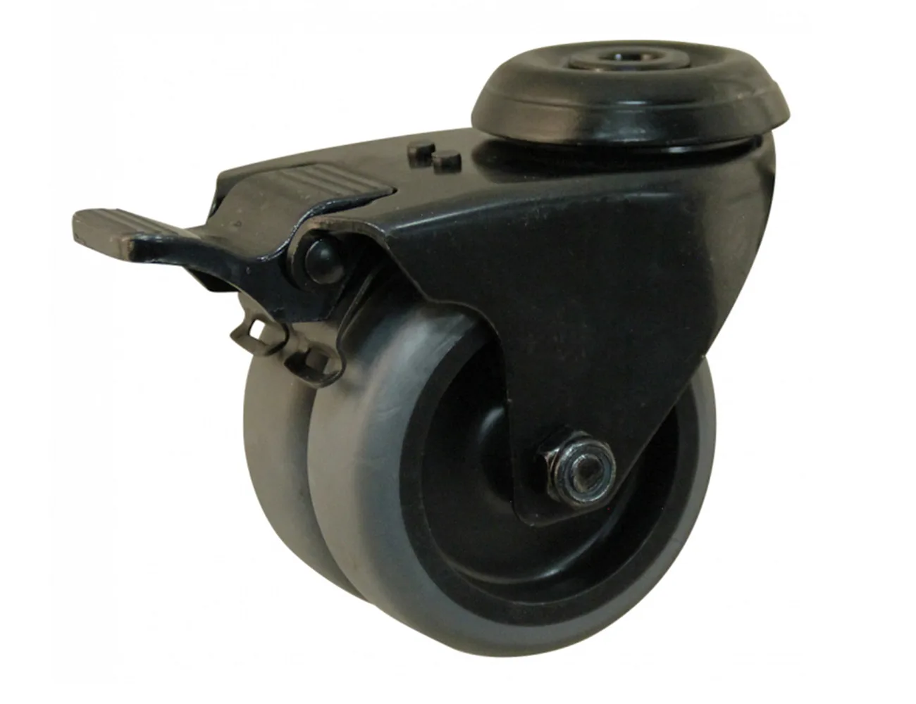 Rueda doble giratoria con freno - Agujero central - negro – Ruedas TPE - 60kg - rodamiento liso