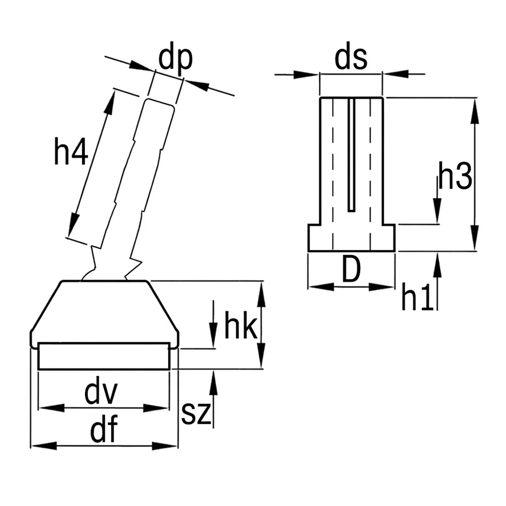 Plano de dimensiones Nivelador articulado con base deslizante de fieltro y casquillo de fijación