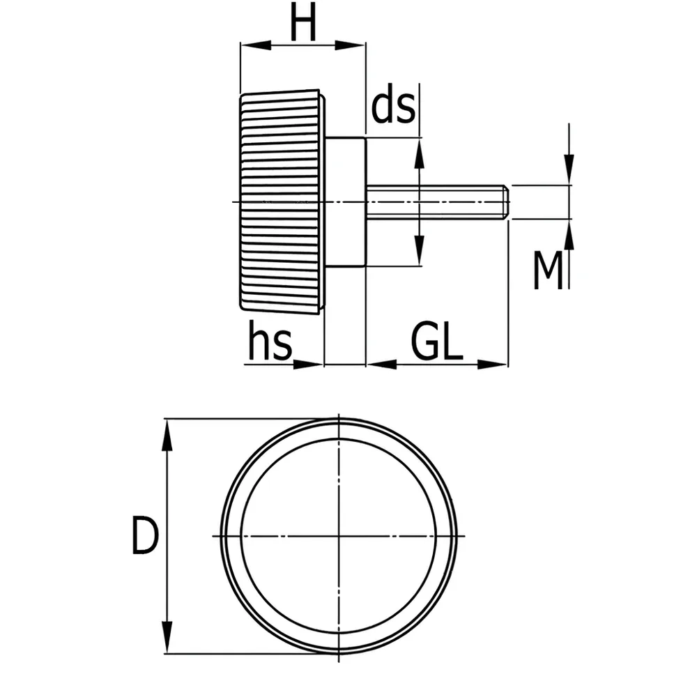 Dibujo técnico: Tornillo moleteado bajo - PA - rosca macho