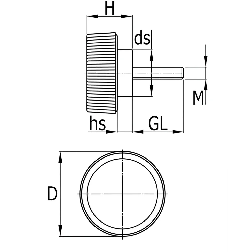Plano de dimensiones Tornillo moleteado bajo - PA - rosca macho