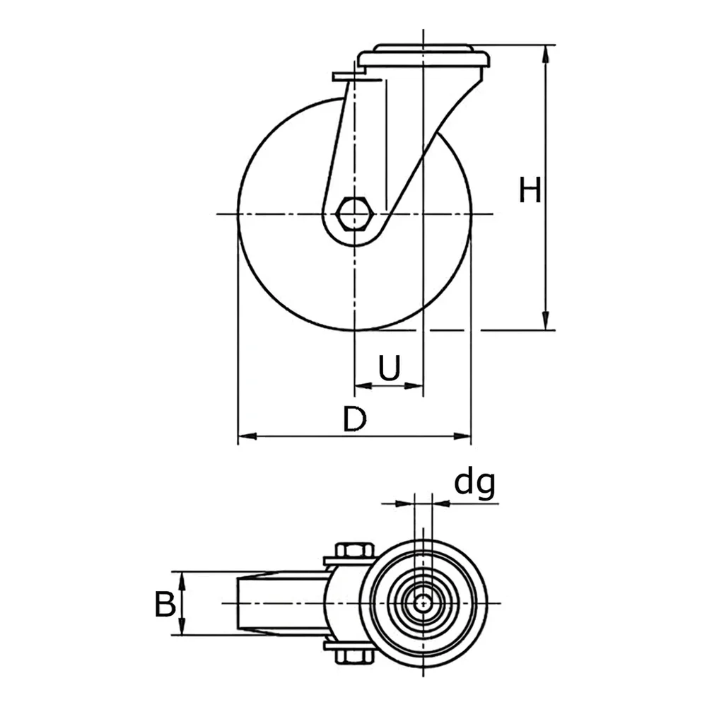 Plano acotado Rueda giratoria PP Ø100mm - banda de rodadura azul Plástico - Rodamiento de bolas - Agujero de perno Ø13.0mm - St - Acero