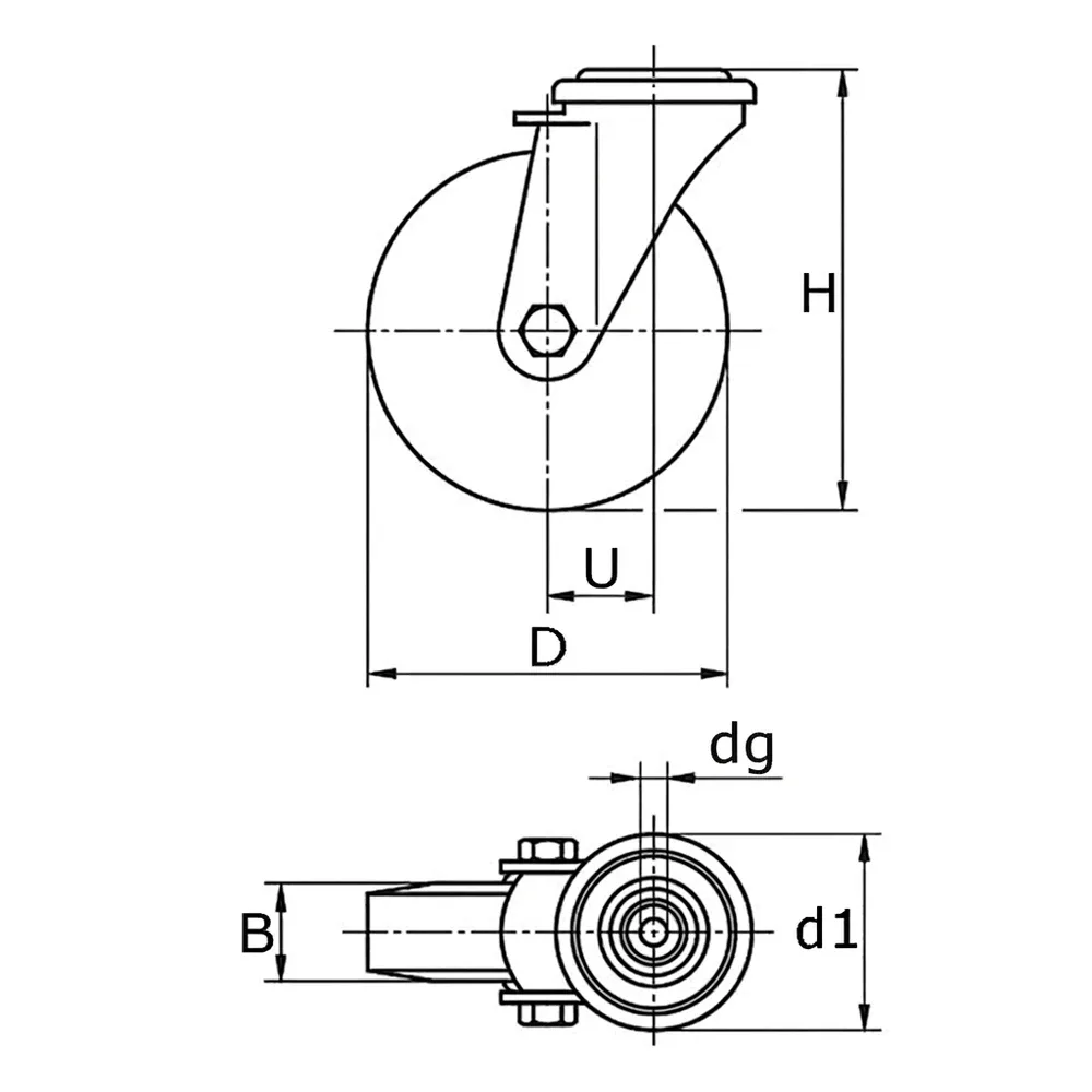 Dibujo técnico: Rueda de carga pesada giratoria de goma - Llanta de aluminio - Agujero central
