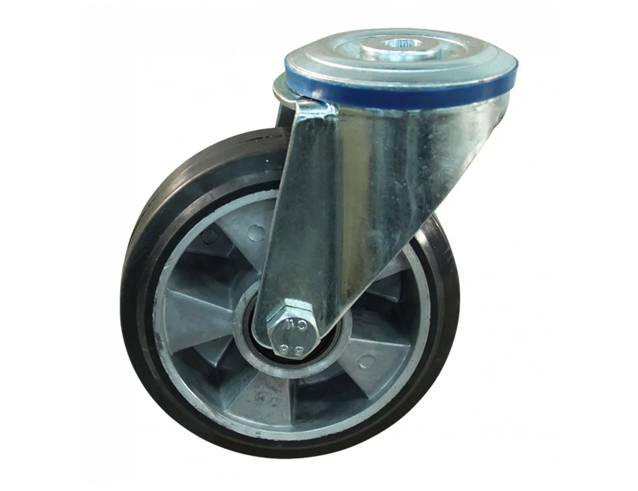 Rueda de carga pesada giratoria de goma - Llanta de aluminio - Agujero central – Rueda resistente de goma con llanta de aluminio - 525kg - horquilla de acero