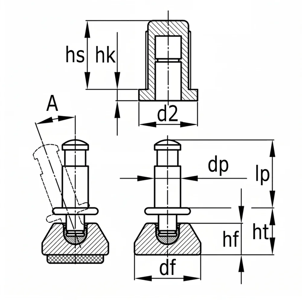 Dibujo técnico: Nivelador deslizante articulado y casquillo de montaje