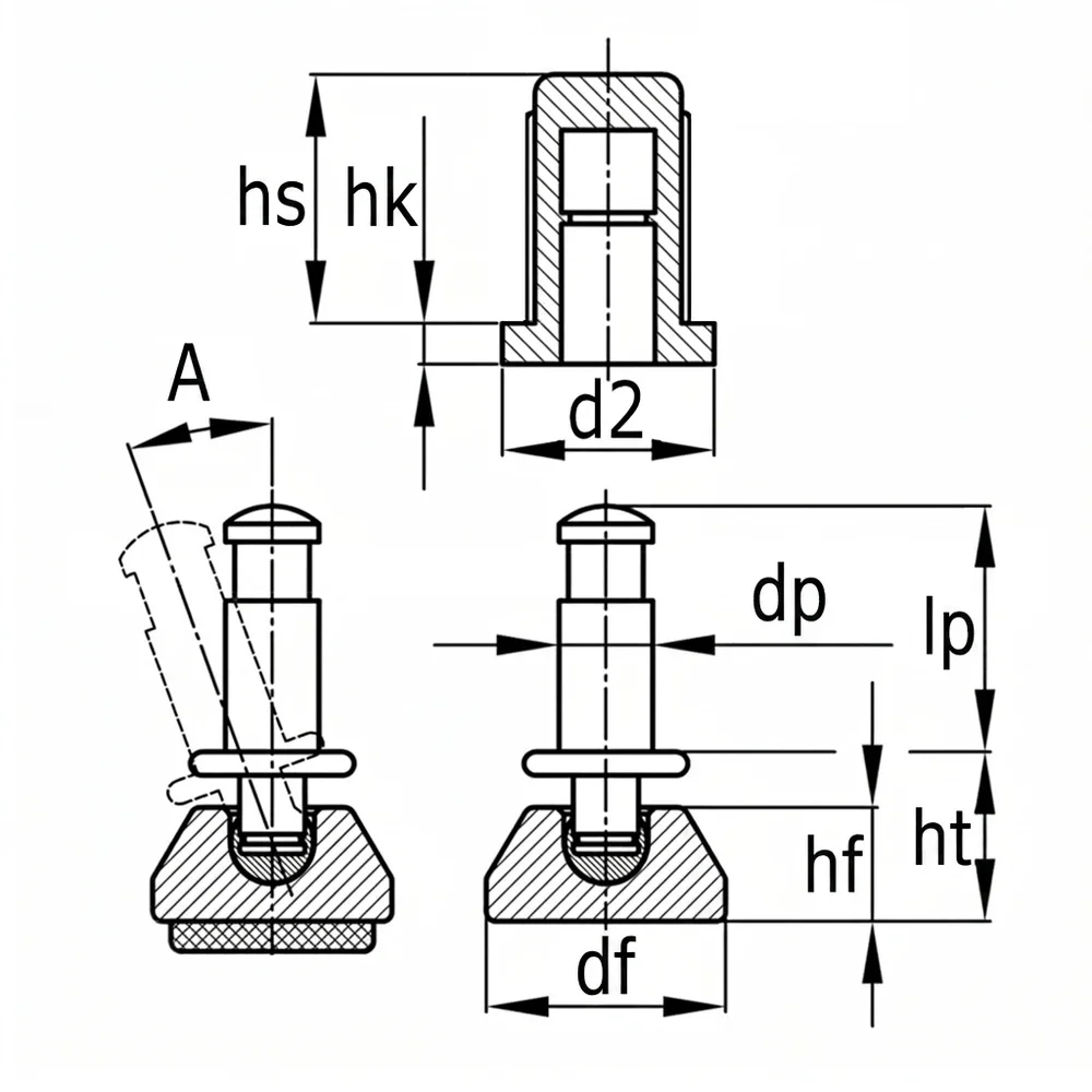 Plano de dimensiones Nivelador deslizante articulado y casquillo de montaje