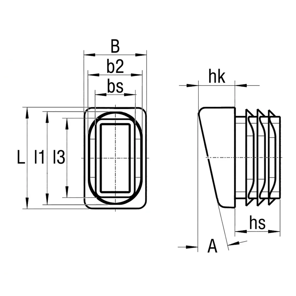 Dibujo técnico: Contera rectangular con base inclinada