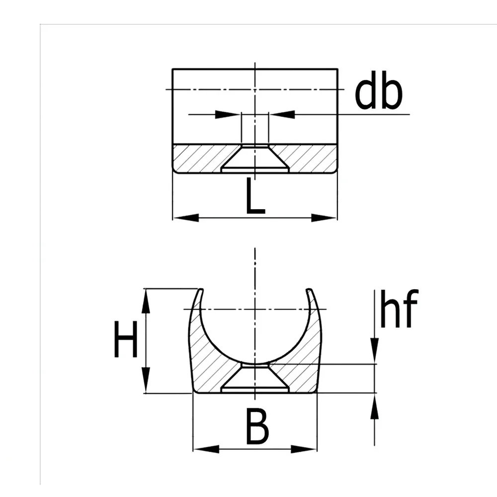 Plano acotado Deslizador rectangular para tubos autofijante PE - Ø12.0mm - con agujero Ø5.5mm - Negro