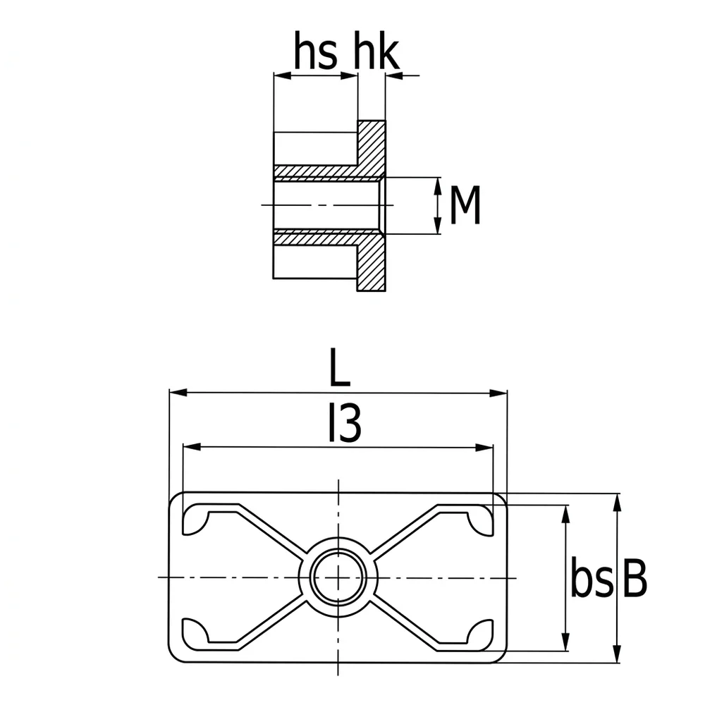 Plano de dimensiones Contera rectangular de zinc inyectado