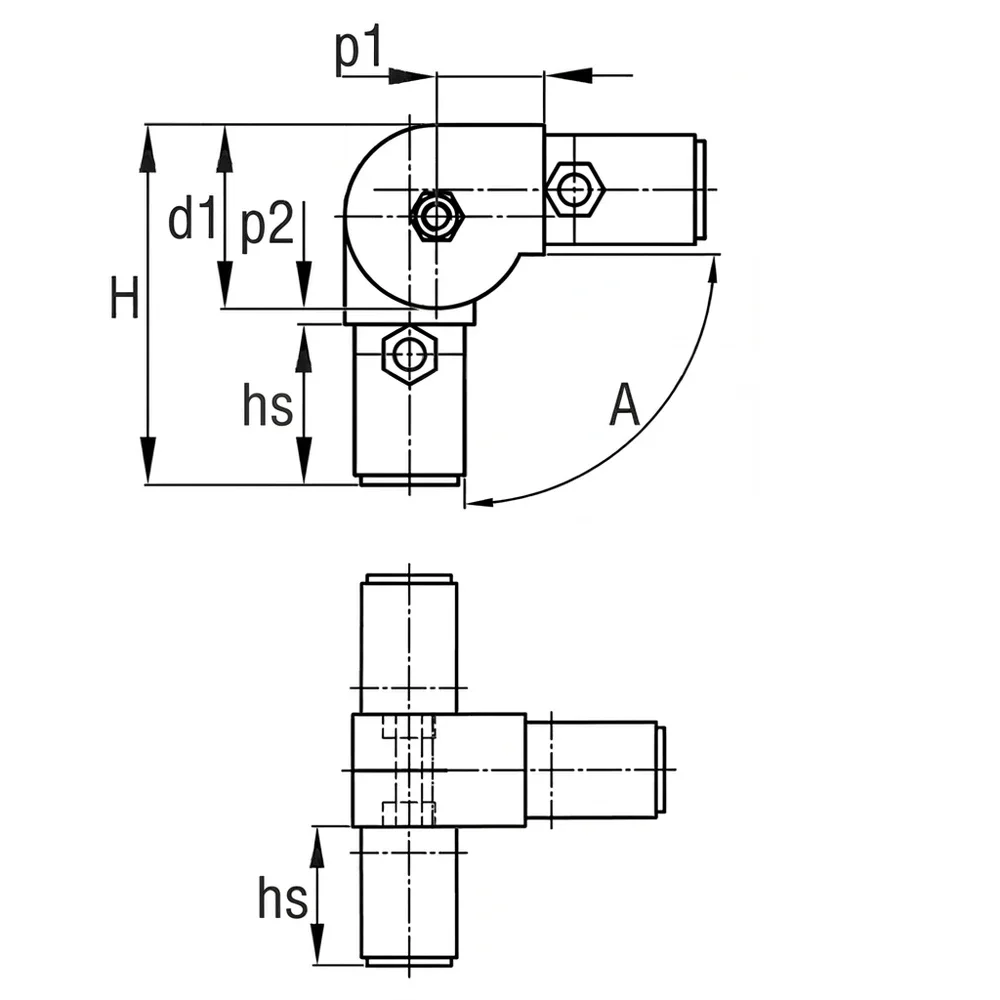 Plano de dimensiones Conector para tubo, modelo 3D4 - articulado