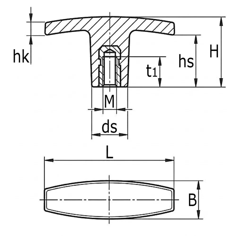Dibujo técnico: Empuñadura en T - PA - rosca hembra