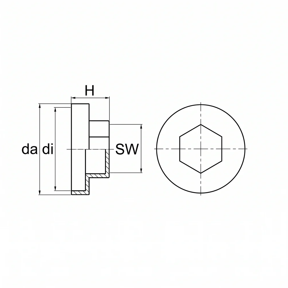 Plano acotado Tapón hexagonal para tornillo de fachada PE - SW 17 - Ø26.0mm - Negro
