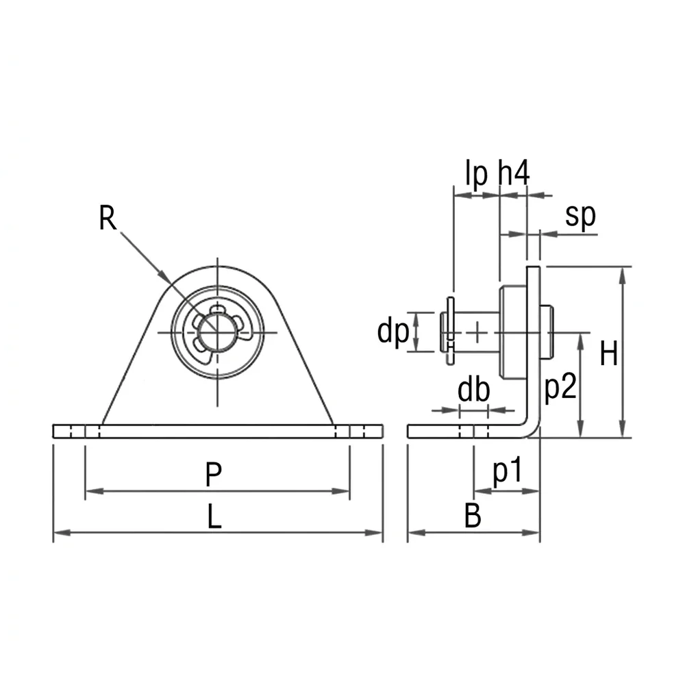 Plano de dimensiones Soporte angular con perno y anillo de seguridad