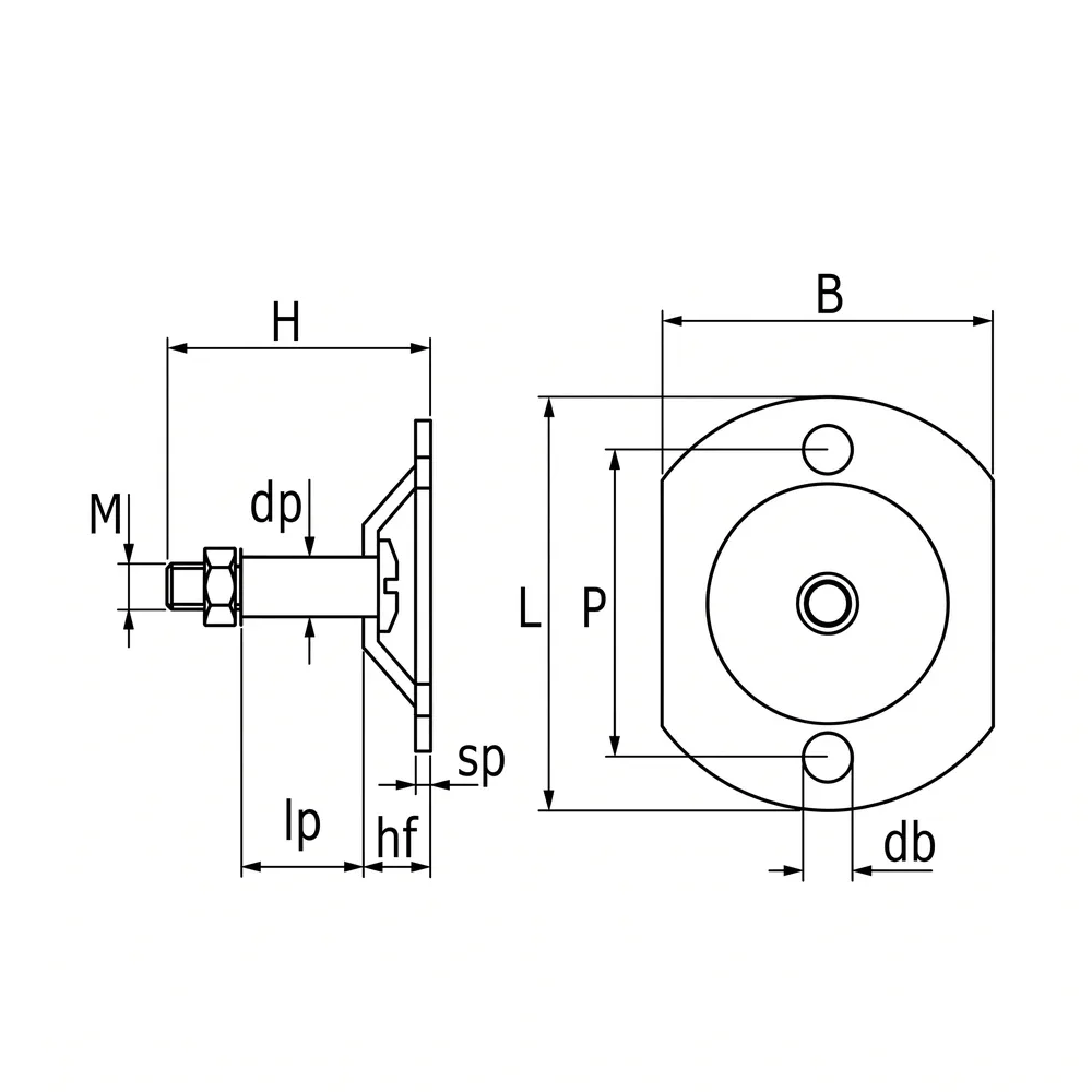 Dibujo técnico: Placa de fijación con conexión de perno
