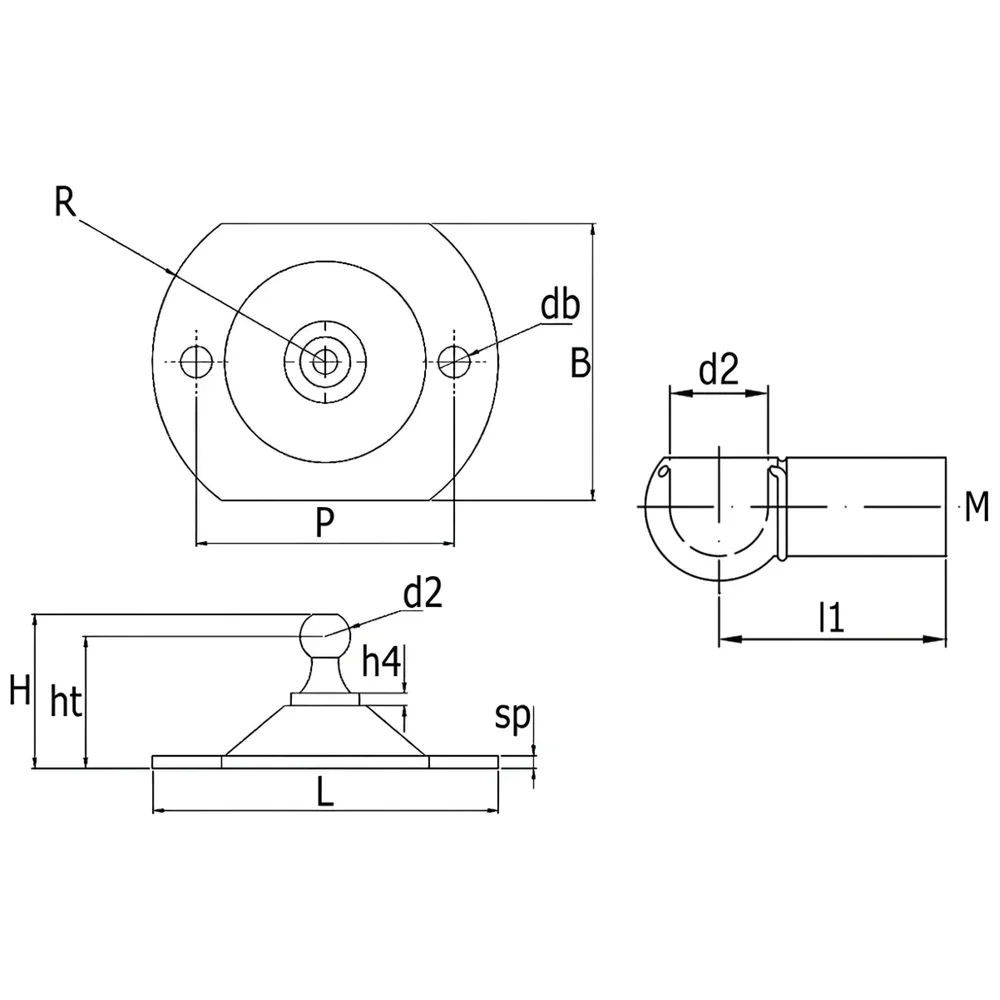 Plano acotado Placa de fijación para resorte de gas 55x44mm - rótula Ø10mm - 2 orificios Ø5.0mm - 41mm distancia entre ejes - M8 - máx. 650N - St - Acero galvanizado