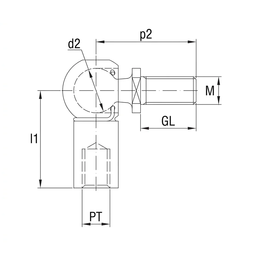 Plano acotado Rótula perpendicular con tuerca - M10x20mm- A=35mm - Acero inoxidable A4 (AISI 316)