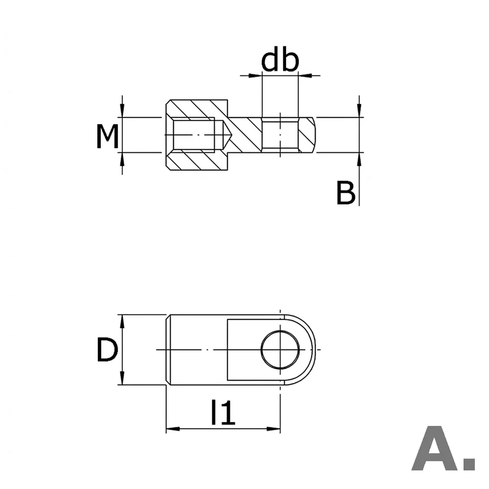 Plano acotado Rótula de ojo con clip de seguridad Ø6mm - M5 - A=16mm - AU16 - Acero galvanizado