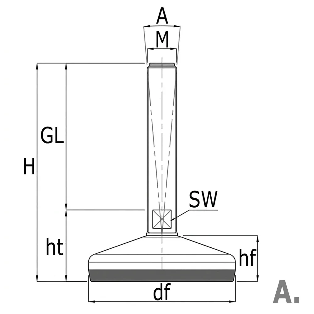 Dibujo técnico: Pie nivelador de acero galvanizado - base NBR vulcanizada