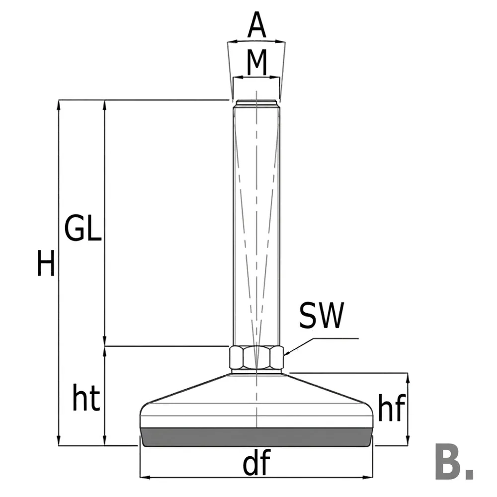 Dibujo técnico: Pie nivelador de acero galvanizado - base NBR vulcanizada