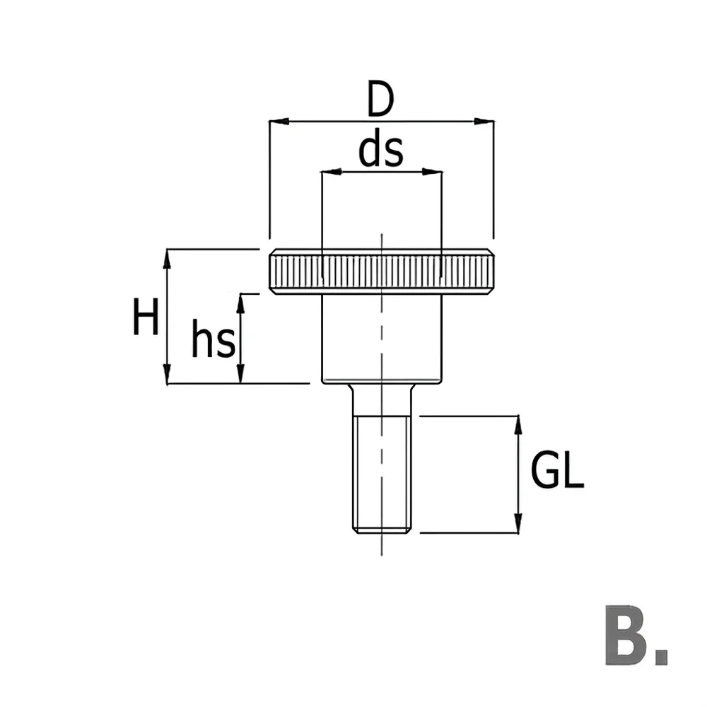 Plano acotado Tornillo moleteado alto Ø20 - M5x16mm - Bruto - Acero inoxidable A1 (AISI 303)