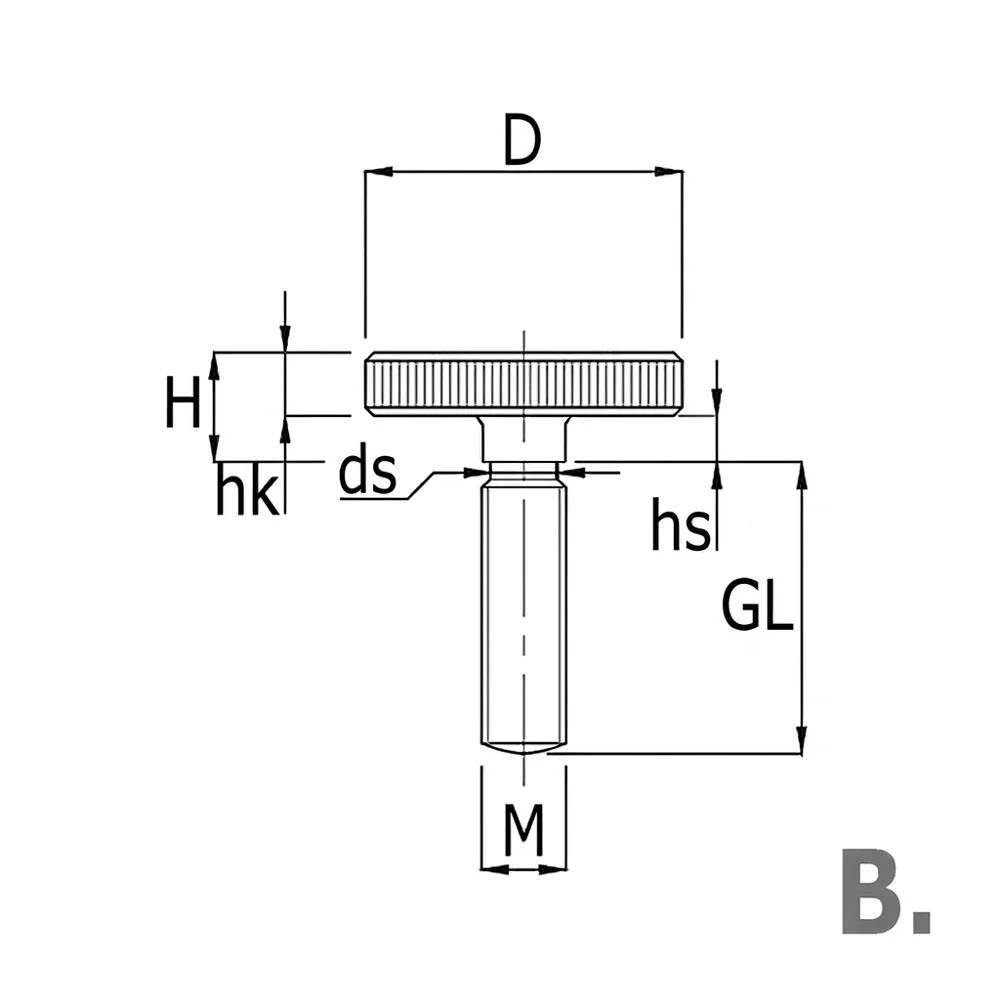Plano acotado Tornillo moleteado bajo Ø20 - M5x10mm - Bruto - Acero inoxidable A1 (AISI 303)