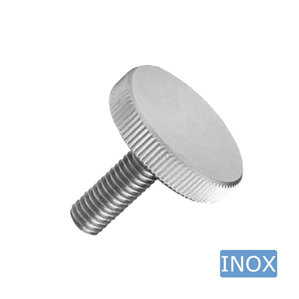 Tornillo moleteado bajo Ø20 - M5x10mm - Arenado - Acero inoxidable A1 (AISI 303)
