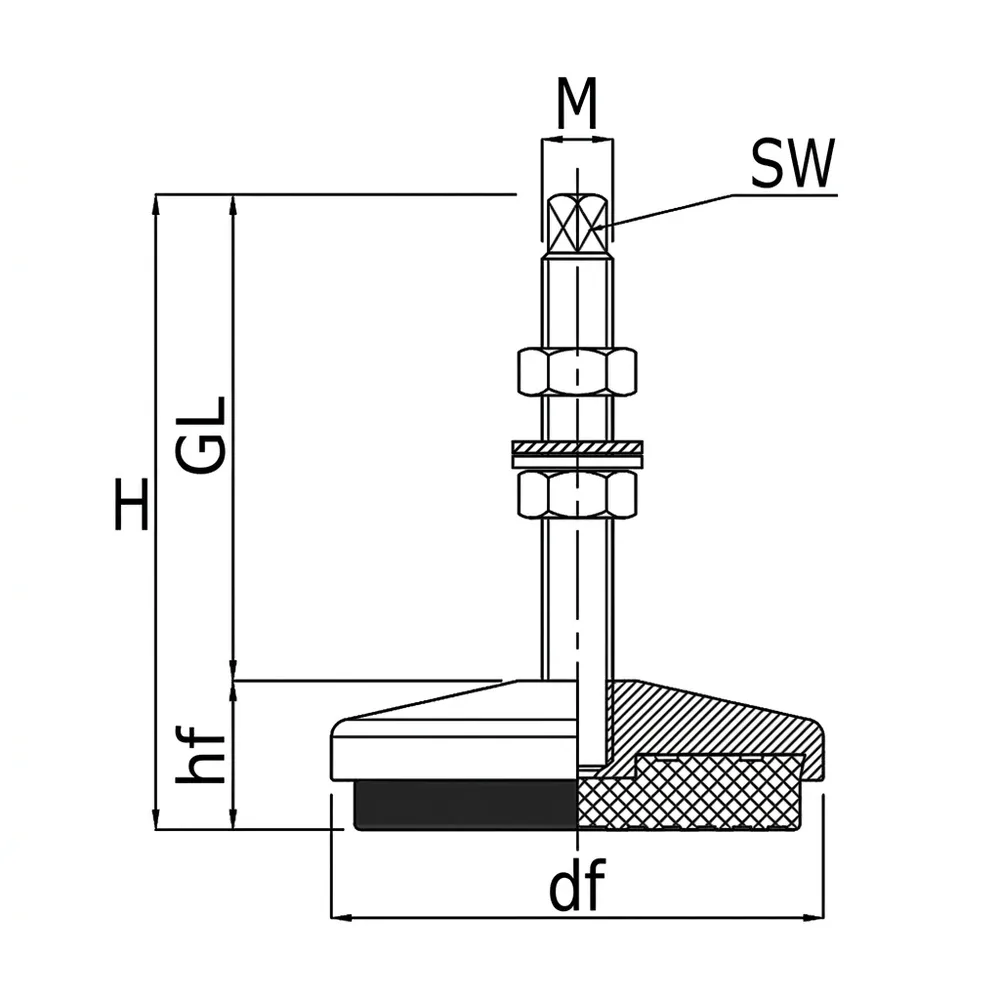 Dibujo técnico: Pie nivelador regulable – antivibratorio 1 - acero inoxidable