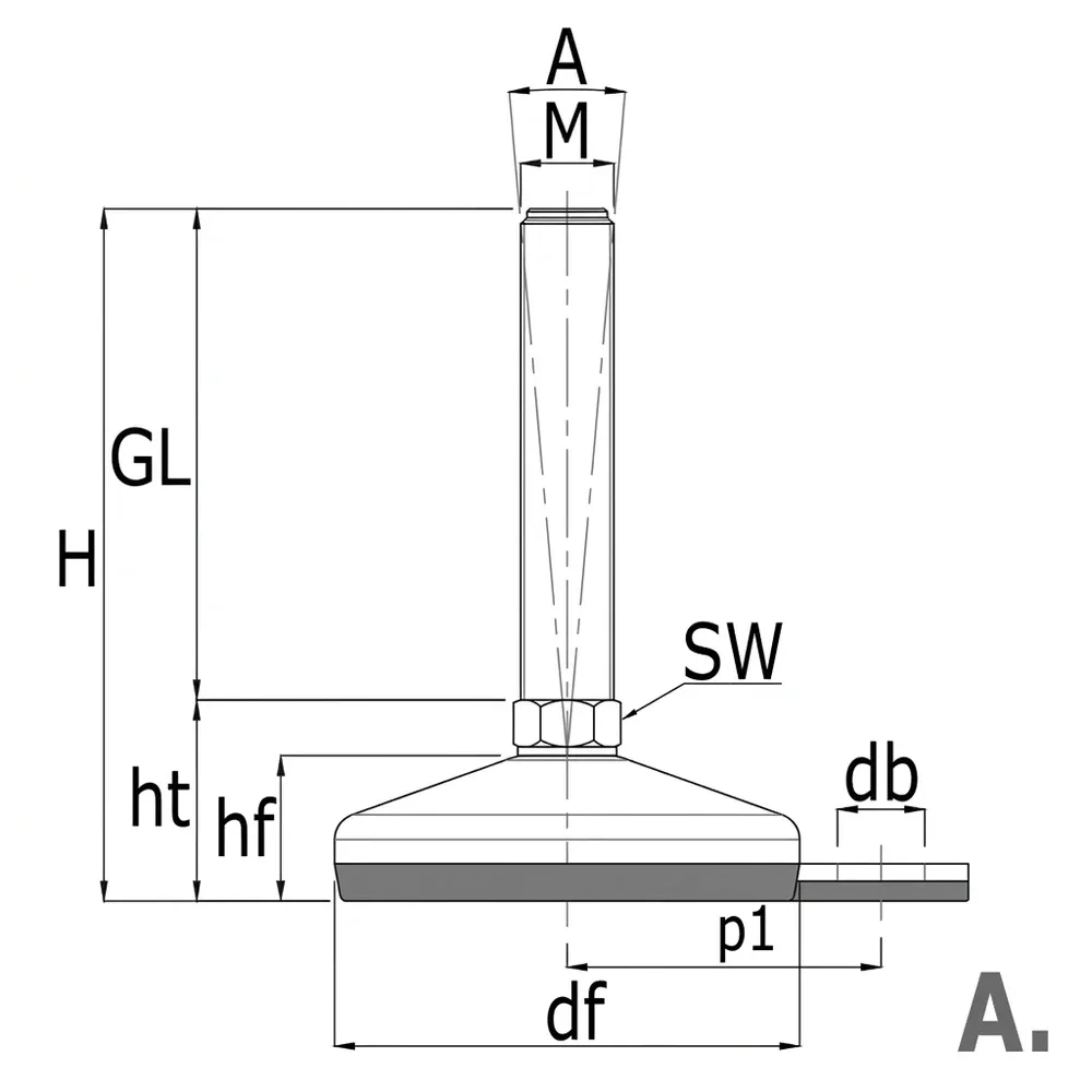 Dibujo técnico: Pie nivelador inox - higiene - base antideslizante vulcanizada - con orificio de fijación