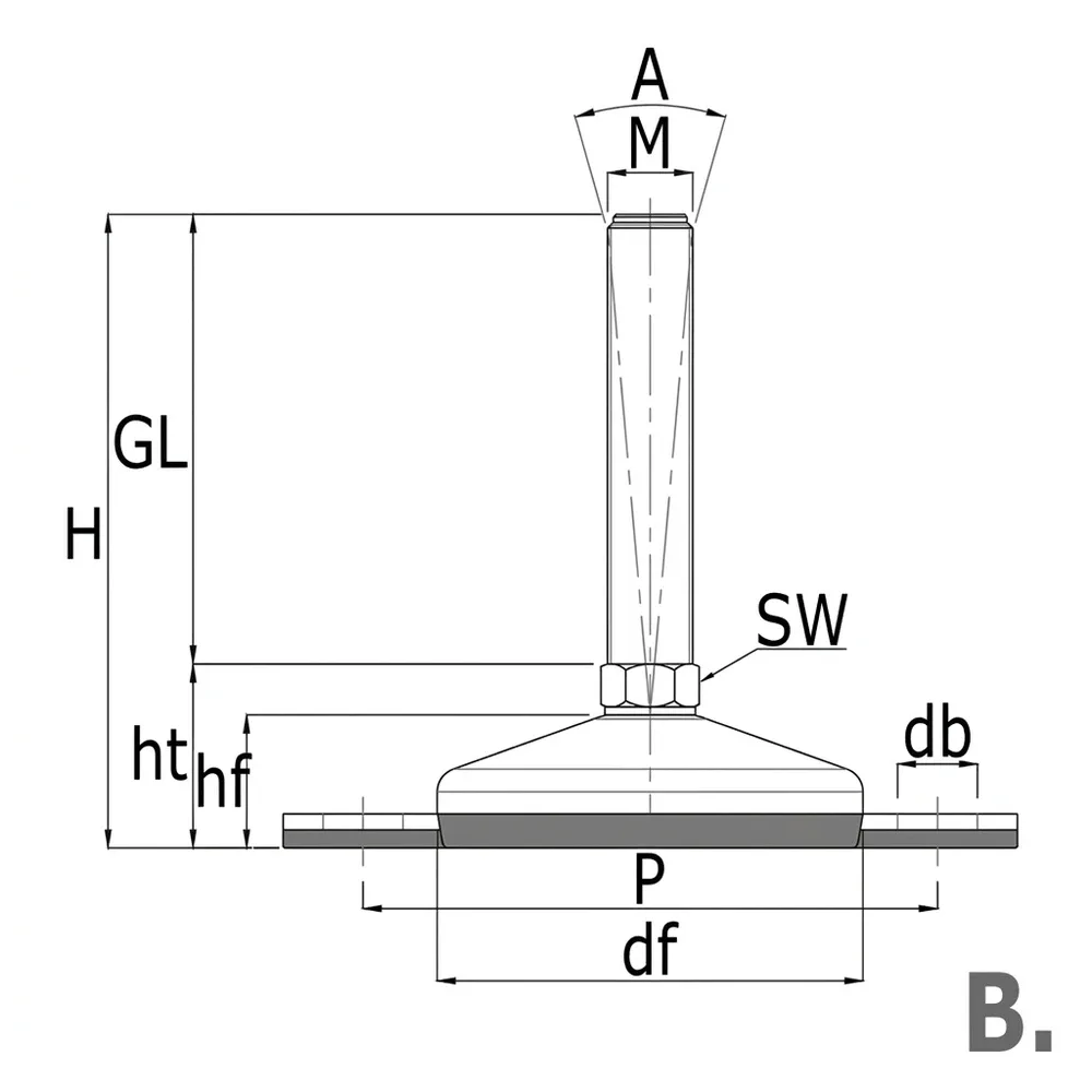 Dibujo técnico: Pie nivelador inox - higiene - base antideslizante vulcanizada - con orificio de fijación