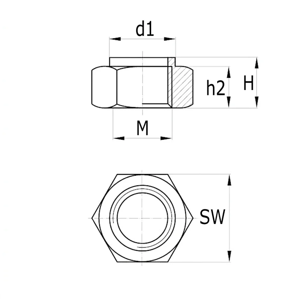 Plano de dimensiones Tuerca hexagonal autoblocante - plástico