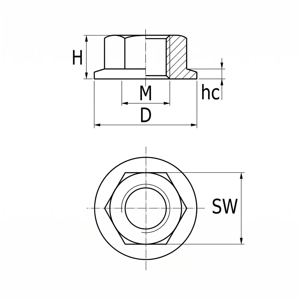 Dibujo técnico: Tuerca de brida hexagonal - Plástico