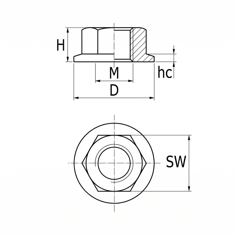 Plano acotado Tuerca de brida hexagonal PA - M16 - Natural