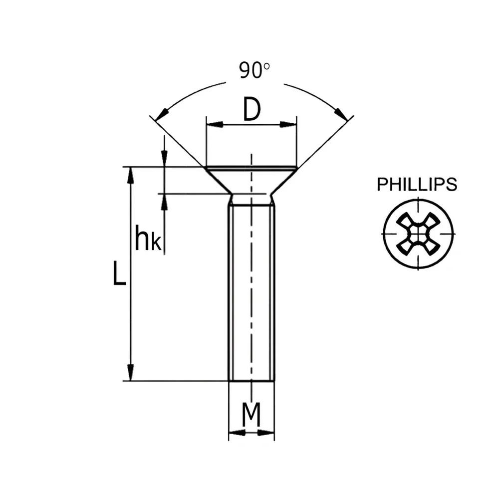 Plano de dimensiones Tornillo cabeza avellanada en cruz - DIN 965 - plástico