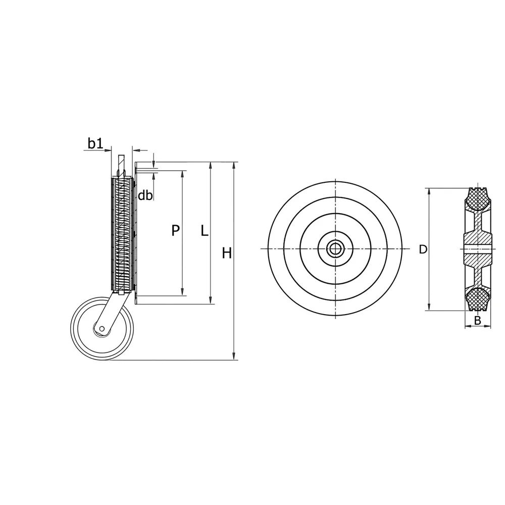 Dibujo técnico: Ruedas para portón con muelle y banda de TPE – rueda fija – no deja marcas
