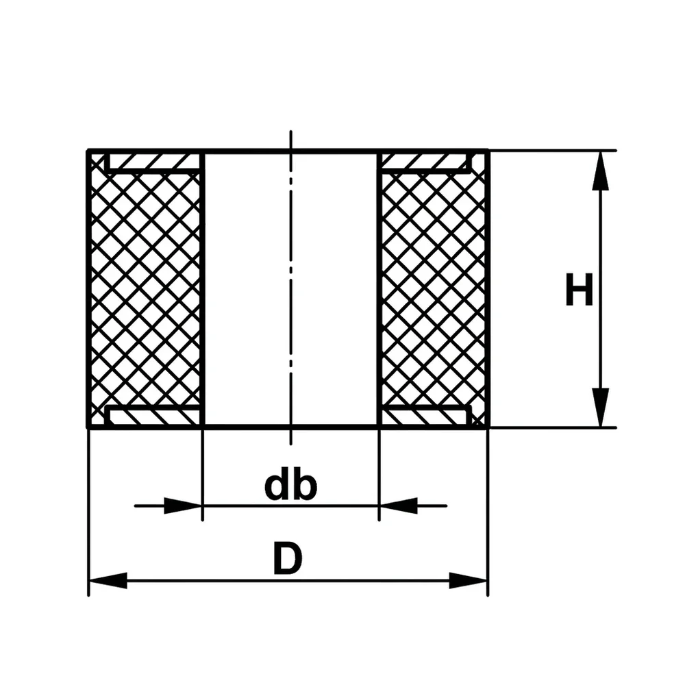 Plano acotado Casquillo de goma NR - 55° ±5 shore - Ø25x25mm - orificio 6.6mm - 2 arandelas de acero