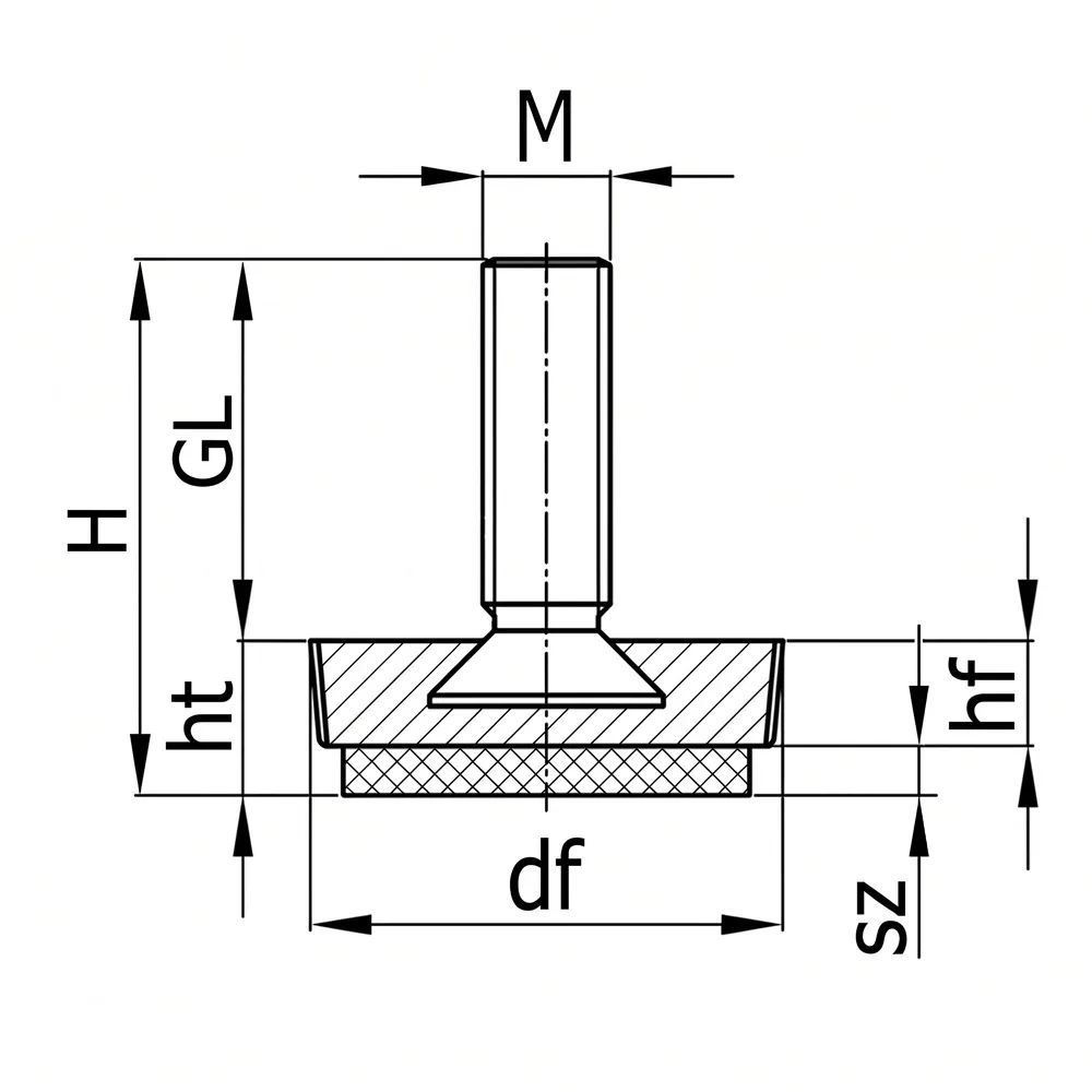 Dibujo técnico: Pie nivelador con borde moleteado (fino) con base de fieltro