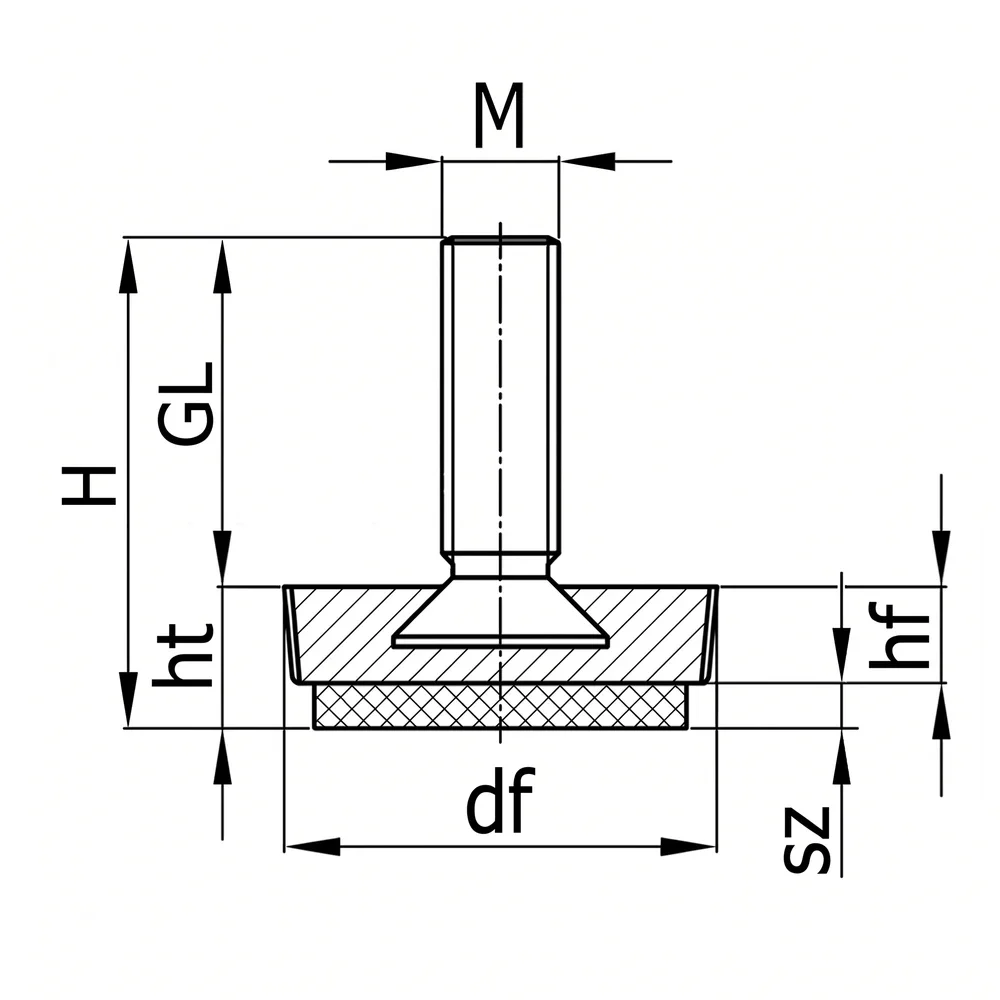 Plano acotado Pie nivelador cónico grueso con fieltro soldado PE Ø29 - M8x75/71 Negro