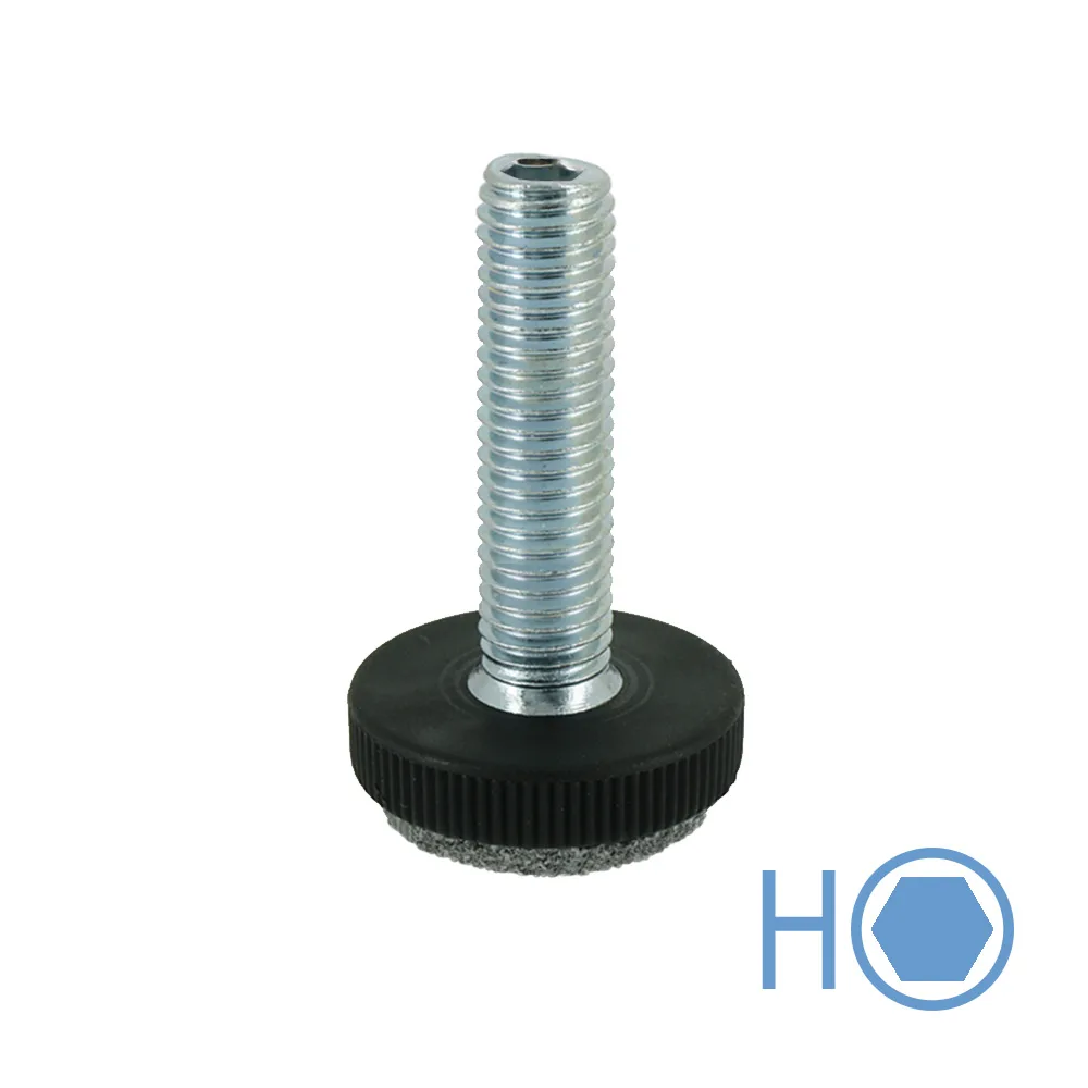 Pie nivelador moleteado con fieltro soldado Ø25 - M10x50/44 - con hexágono interior - Negro