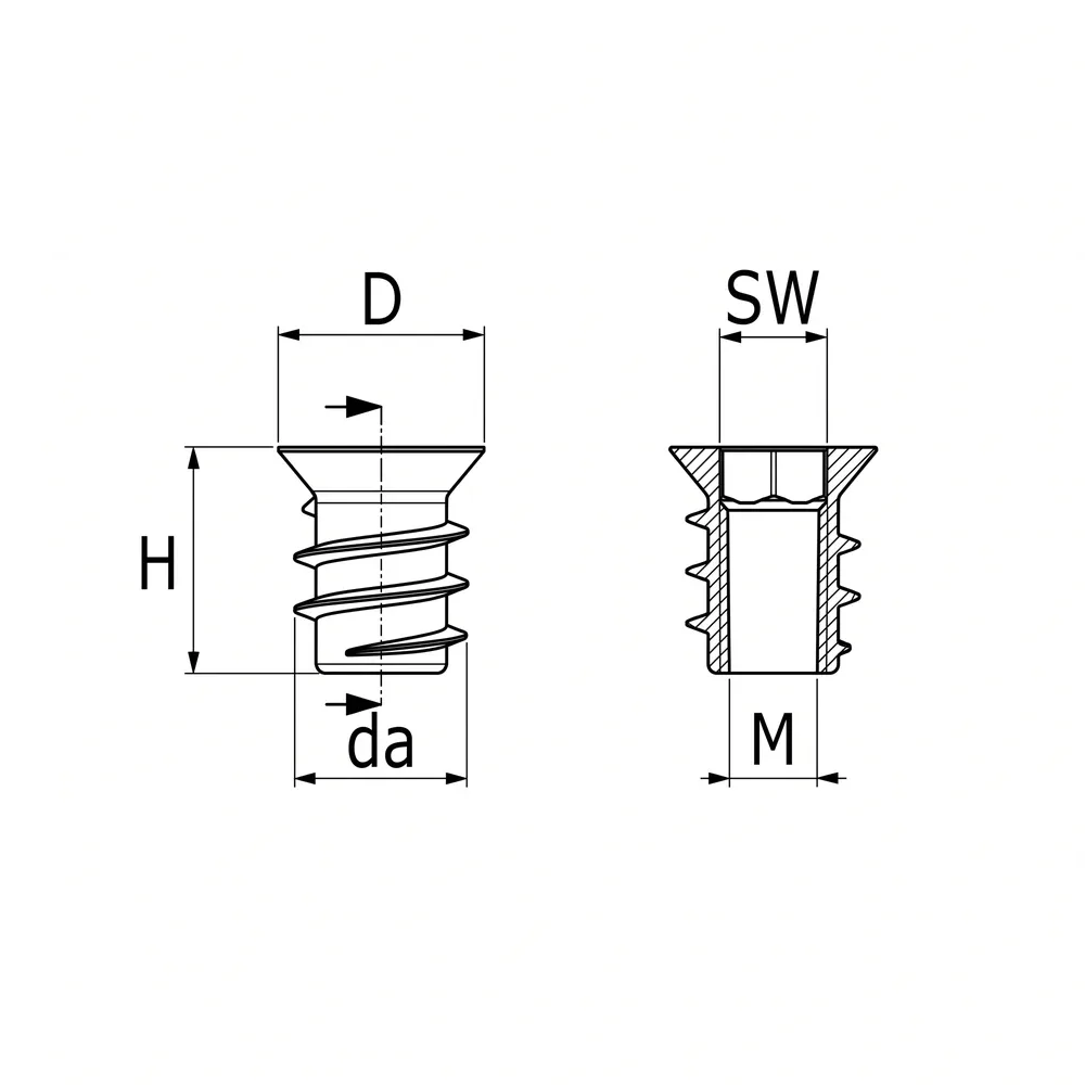 Dibujo técnico: Inserto roscado hexagonal Rampa