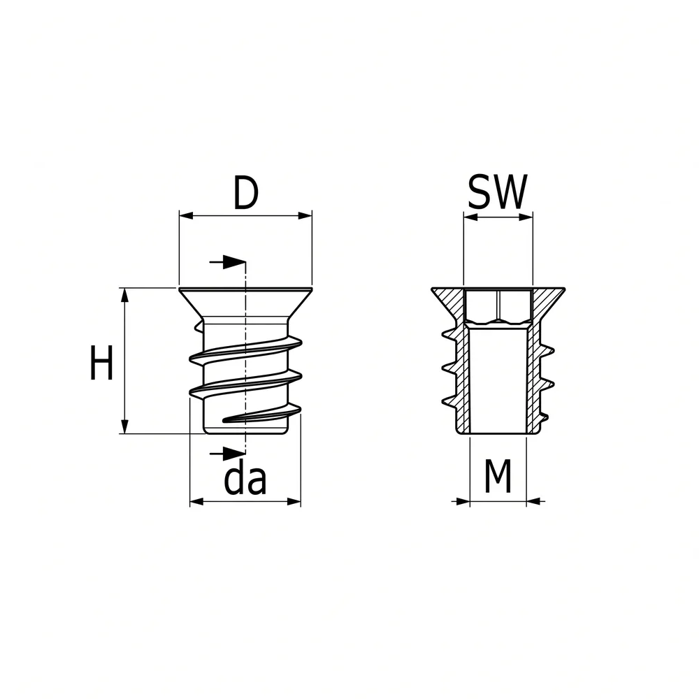 Plano de dimensiones Inserto roscado hexagonal Rampa
