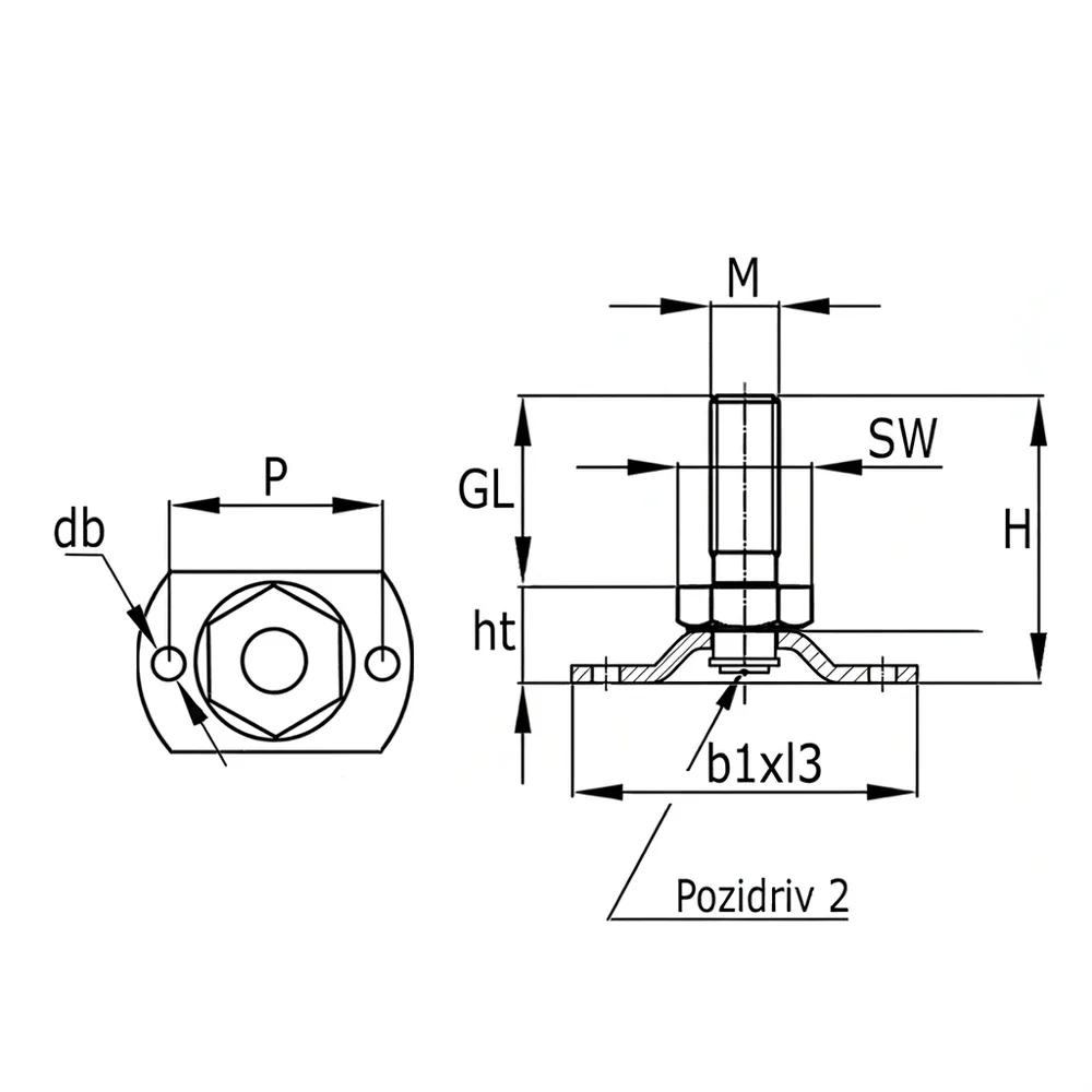 Dibujo técnico: Pie nivelador articulado con base rectangular galvanizada – con orificios de fijación