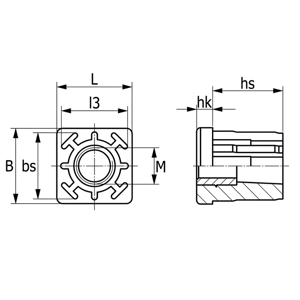 Plano de dimensiones Contera rectangular reforzada roscada