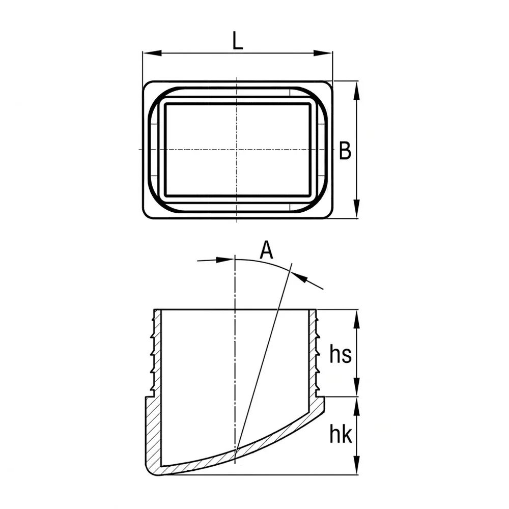 Dibujo técnico: Contera rectangular con base redondeada