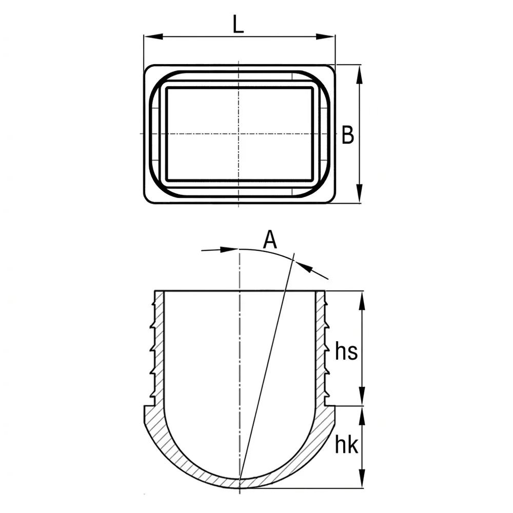 Plano acotado Contera rectangular con lamas PE 50x30x22 - 2-2mm - base redonda - Negro