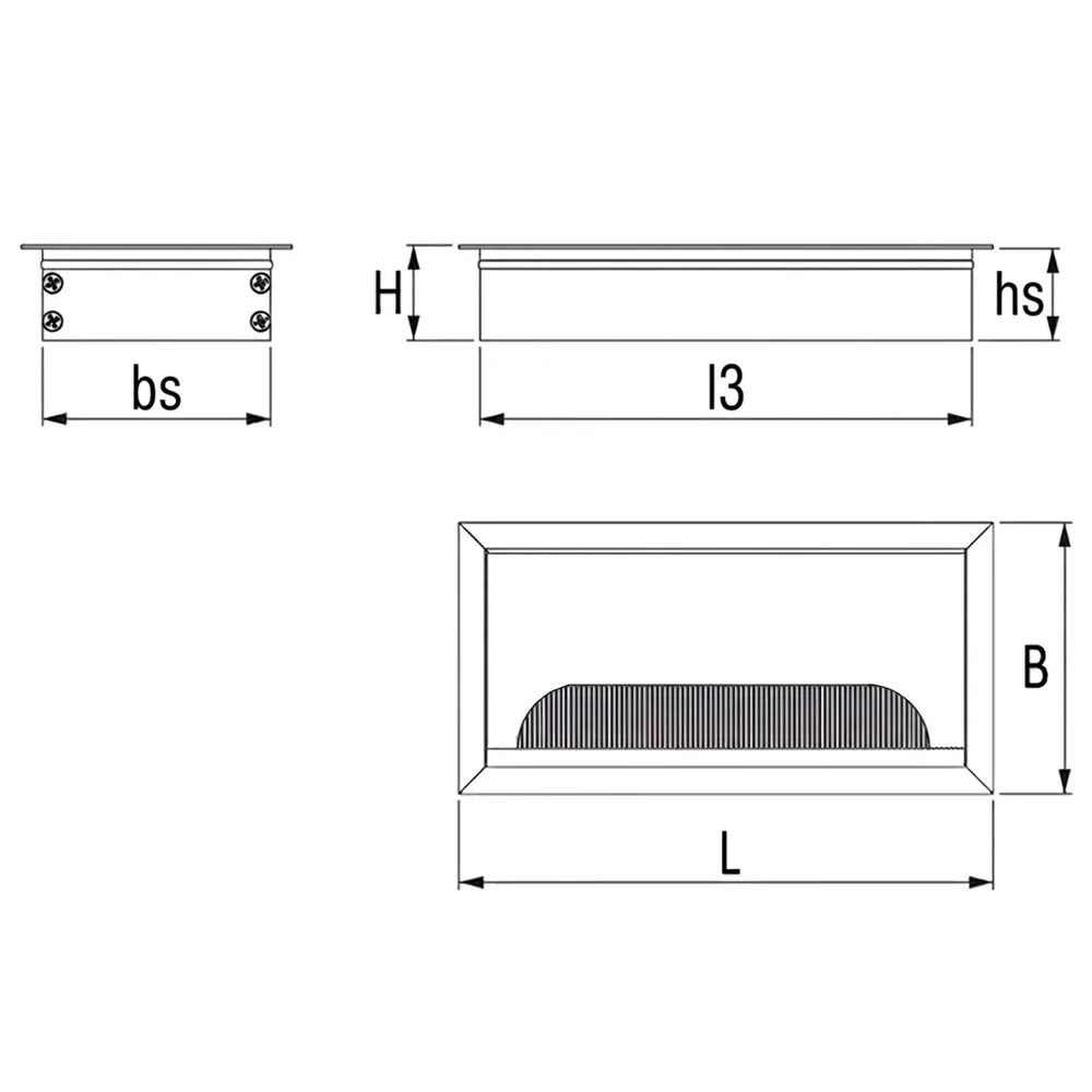 Dibujo técnico: Pasacables de aluminio – tapa abatible softclose – cuadrado / rectangular