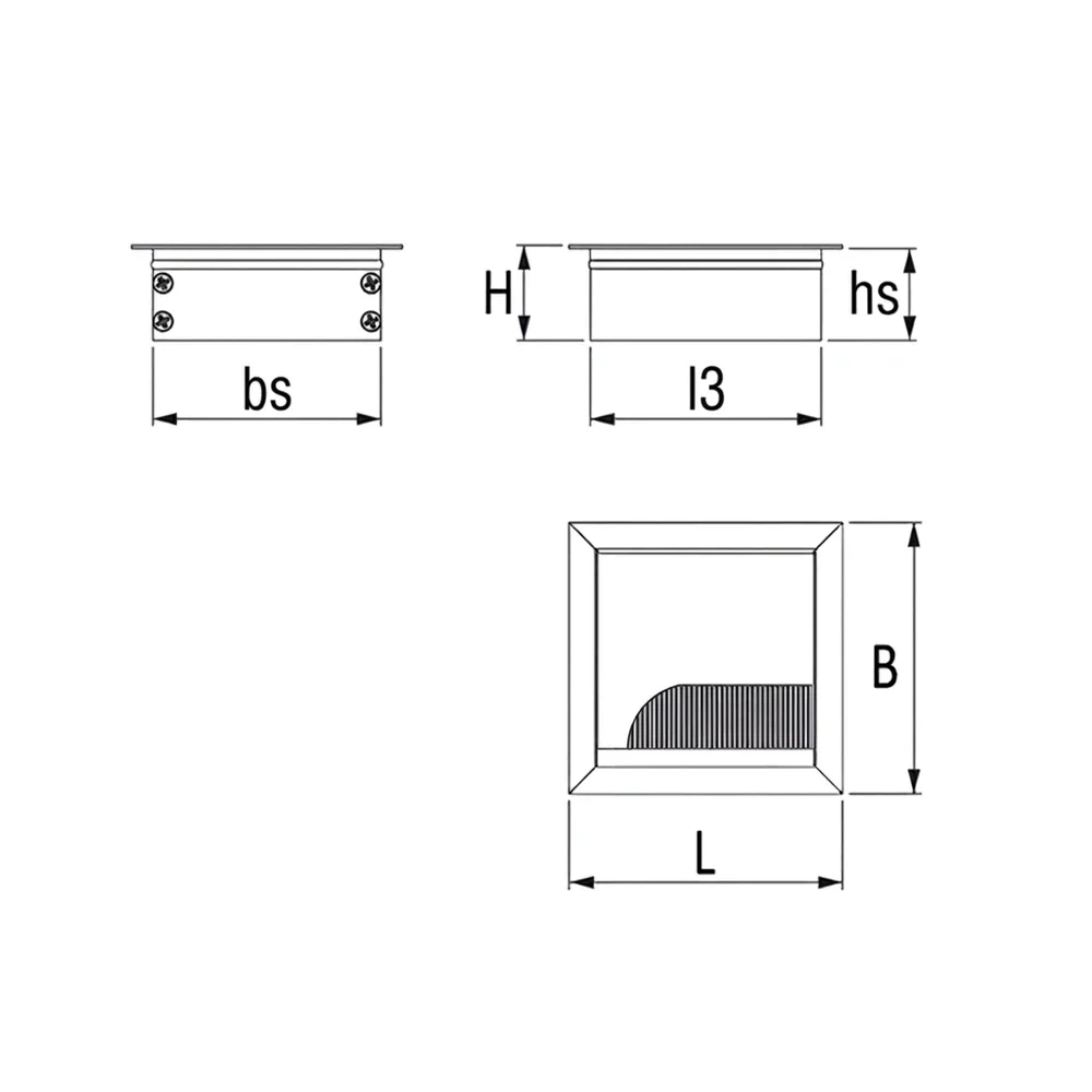 Plano acotado Pasacables redondo cuadrado 80x80x13mm - softclose con cepillo - Aluminio