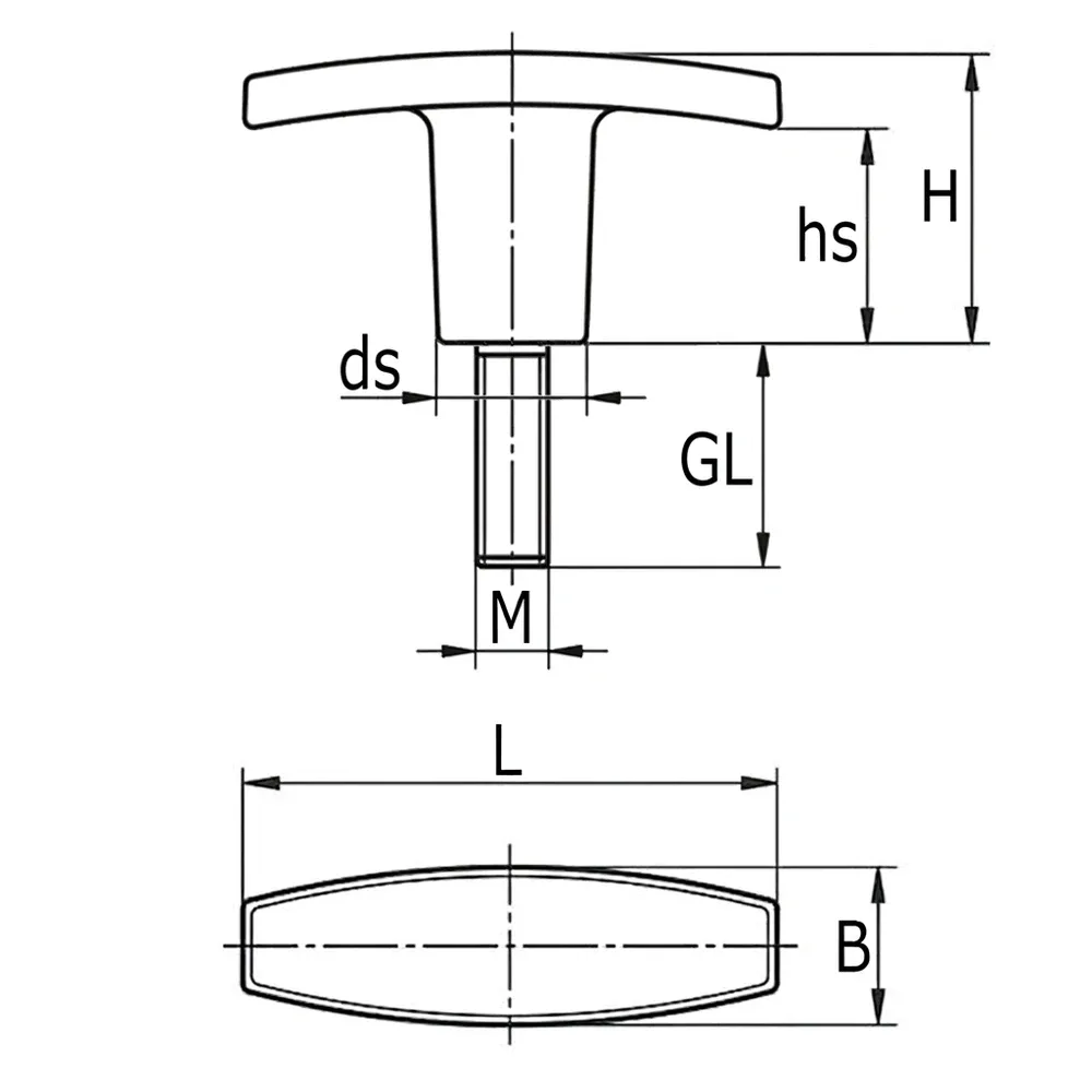 Dibujo técnico: Empuñadura en T - PA - rosca macho